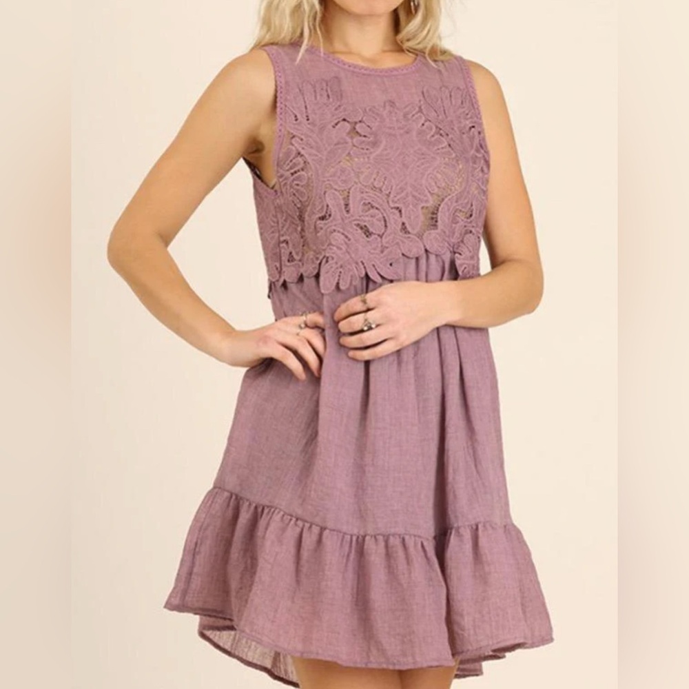 Umgee USA Lace Ruffle Hem Layered Tunic Dress Mauve Small Boho Coquette Dainty